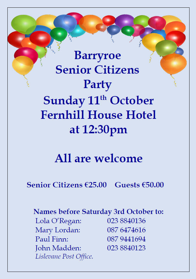 Barryroe Senior Citizens Party: 11 Oct 2026